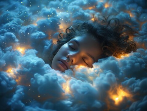 world sleep day. person peacefully sleeping amidst fluffy clouds, with stars twinkling above and a crescent moon casting its gentle glow.