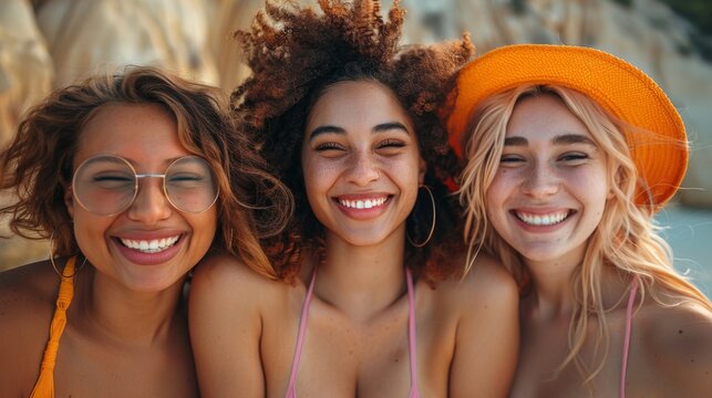 Friendship Day, a worldwide celebration of human connection. Group of plus size female friends laughing happily on the beach, expressing love for yourself.