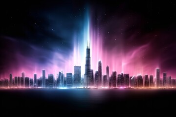 Vibrant city skyline illuminated by colorful lights at night with a prominent skyscraper in the center