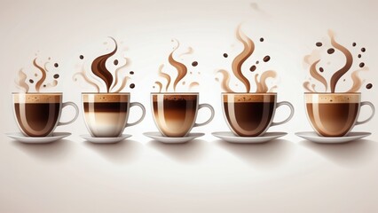 Obraz premium Flat-style illustration of multiple coffee cups on a white background. Various sizes, shapes, and shades of coffee, including espresso, cappuccino, latte, and black coffee