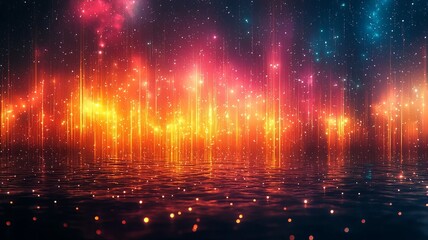Obraz premium Vibrant cosmic landscape with shimmering lights reflecting on water, creating a mesmerizing atmosphere perfect for digital art and creative projects.