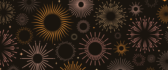 Fireworks background for holidays, party poster, carnival. Sunburst wallpaper. Vector 10 eps
