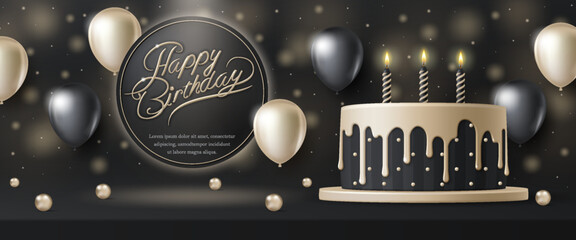 Happy birthday cake template. Luxury birthday greeting card with 3D celebration cake and gold ball on black marble background for modern anniversary party event, banner, backdrop, wallpaper. Vector
