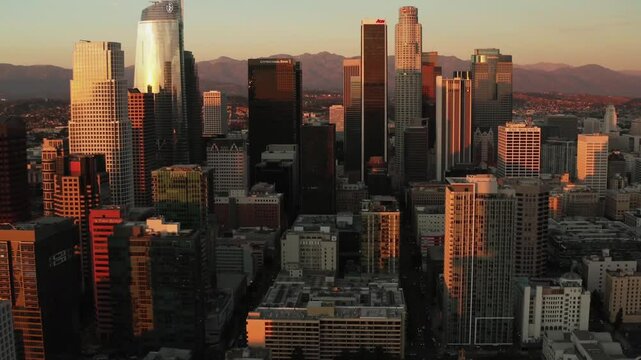 Los Angeles Skyline at Sunset aerial view from drone