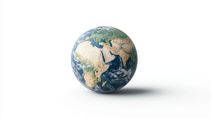 Fototapeta premium A globe depicting Earth, showcasing continents and oceans against a white background, symbolizing global awareness and connection.