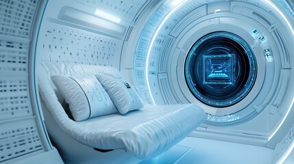 Futuristic white interior design, circular pod like room, comfortable white bed, soft pillows, glowing blue circular lights, intricate glowing white