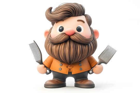Cheerful 3D Cartoon Barber Character with Scissors and Comb on Isolated White Background
