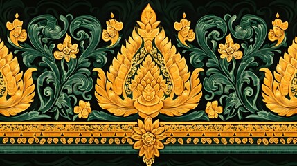 Ornate decorative border, intricate gold and green pattern, suitable for invitations or elegant design projects.