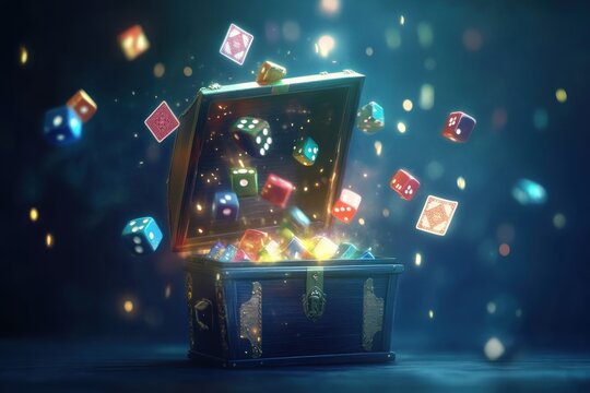 Mystical Dice Chest: A digital rendering of a treasure chest overflowing with colorful dice and playing cards, surrounded by magical sparks, creating a fantastical and enchanting scene.