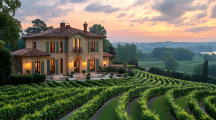 Immerse yourself in a panoramic view of the rolling vineyards of Bordeaux, where meticulously manicured grapevines stretch to the horizon under a soft, pastel sky, evoking the timeless charm of French