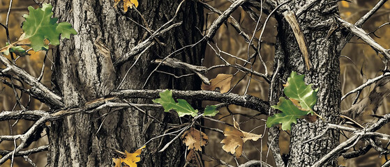 Real-tree camouflage pattern, with tree branches and foliage in the background