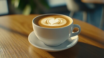 Light filled beverage art in a white coffee cup on a light brown wooden table, showcasing a heart shaped beverage art design. The image captures a