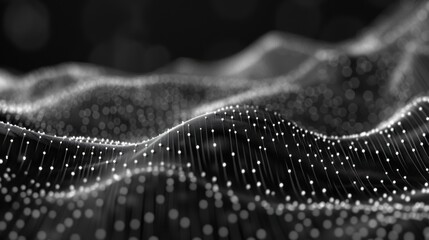 Wave of dots with flowing weave lines, abstract background showing a network connection structure in motion.

