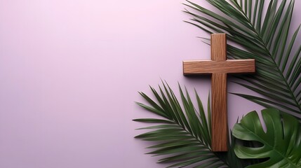 Christian Cross and Palm Leaves on Purple Background for Good Friday and Holy Week