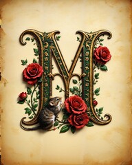Mittelalterliche Initiale „M“ auf gealtertem Pergament. Goldene Verzierungen und florale Muster und Rosen schmücken den Buchstaben. Eine Maus ist als Symbol für den Buchstaben mit im Bild.