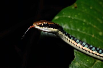 Obraz premium Colorful Snake on Leaf in Jungle Setting
