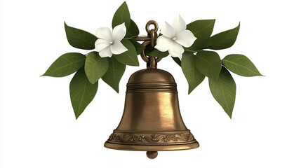 Vintage Bell Surrounded by Green Leaves and White Flowers