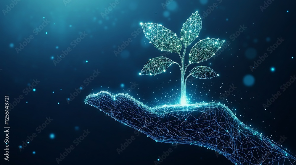 Wall mural Digital Sapling: A Hand's Embrace of Technological Growth