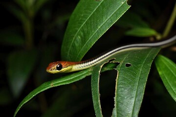 Obraz premium Colorful snake on green leaf in natural habitat