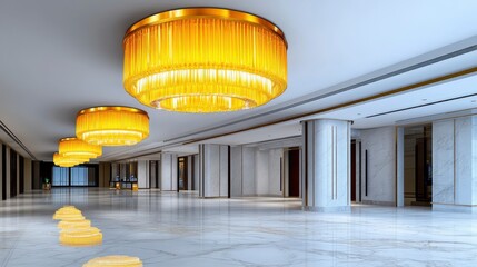 Grand hotel interior, spacious hallway with luxurious golden chandelier lighting, white marble...