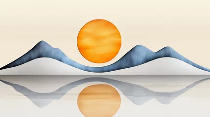 Papier peint photo Style Japandi Abstract Landscape with Sun and Mountains Reflecting on Water  © Kitipong