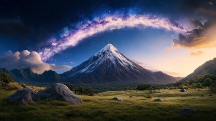 Fototapeta premium Majestic mountain peak, framed by a vibrant landscape of green hills and grassy plains, bathed in the warm glow of a starlit night sky featuring a