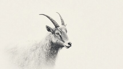 Majestic mountain goat portrait, snowy landscape. Wildlife, nature photography for conservation