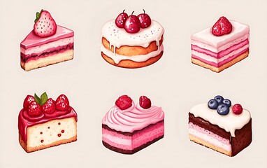 Strawberry Cakes Collection. Illustration of assorted cake slices. Possible use bakery catalog, social media