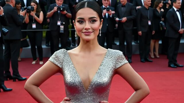Woman, red carpet and celebrity event, elegant silver dress for fashion and glamour. Hispanic model, smiling, posing for paparazzi at film festival for entertainment industry