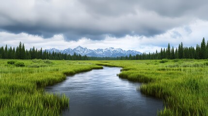 Panoramic view of a tranquil, grassy wetland area leading to a narrow stream. Lush green vegetation surrounds the waterway. Snowy mountain peaks are