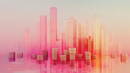 Fototapeta premium Surreal Cityscape with Skyscrapers and Coins