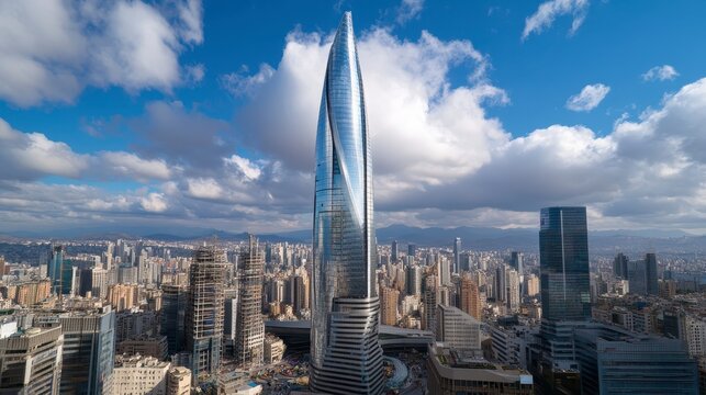 High angle view of a modern skyscraper, silver colored, with intricate design, rising above a cityscape of buildings, showcasing a mixture of