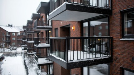 Fototapeta premium Modern apartment building, winter, snow, balconies, urban housing