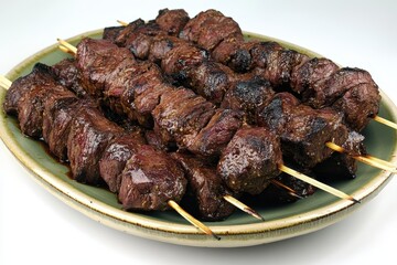Grilled Beef Skewers Served on a Plate with a Rustic Background