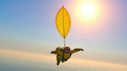 Sloth in skydiving suit joyfully descends with leaf shaped parachute, embracing thrilling adventure in sky.