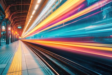 Vibrant light trails of a speeding train at a station platform.