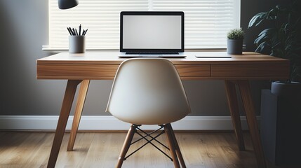 A mesmerizing ultra-minimalist workspace designed for deep focus, modern desk, blank screen laptop, creating a peaceful atmosphere
