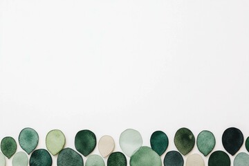 Aesthetic arrangement of green leaves on a white background, showcasing diverse shades of green, perfect for nature themed projects or designs