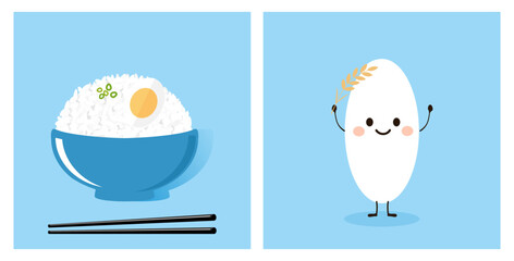 Rice bowl with boiled egg, green onion, chopsticks and rice seed cartoon icon sign on blue background vector. 