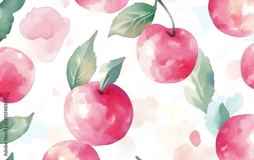 Poster watercolor pattern of pink apples with leaves on white background. possible use textile design, wall