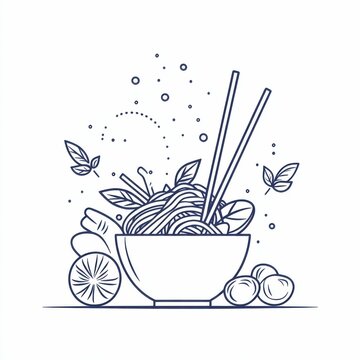 recommend clip art: Line art of noodle bowl with chopsticks and vegetables