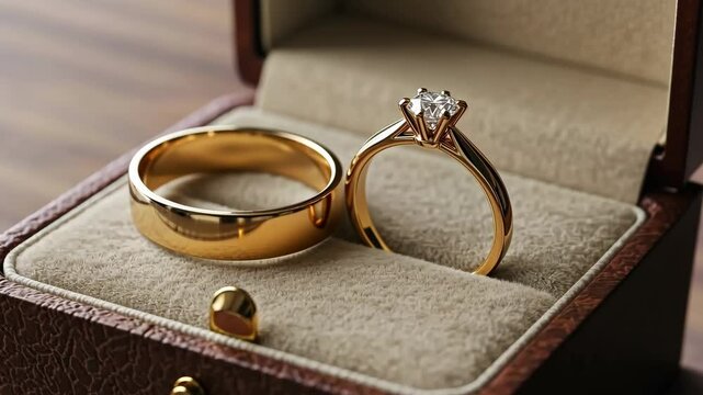 Wedding rings, diamond and gold jewelry, marriage and engagement, love and commitment, celebration and anniversary. Romance, ring and gift in box