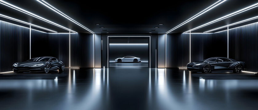Luxury cars, modern garage, neon lights, backdrop, advertisement