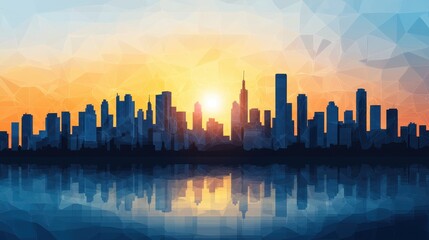 Obraz premium Low-Poly Cityscape Silhouette Reflecting at Dusk
