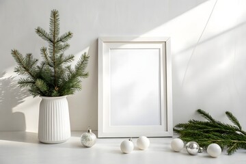 Create a mock-up white frame with fir branch in vase and white Christmas decorations on shelf empty portrait