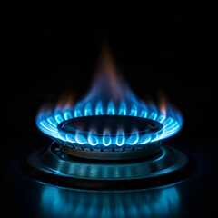 A single blue flame burning on a gas stove, isolated.