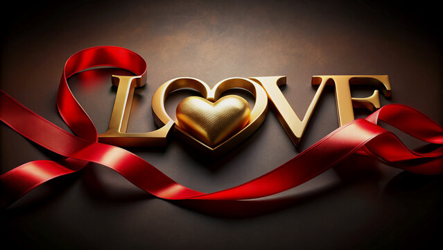 Golden Love inscription with red ribbon and heart, perfect for Valentine's Day - Powered by Adobe