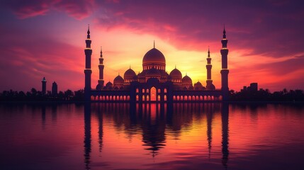 Obraz premium Majestic mosque silhouette against vibrant sunrise over calm water
