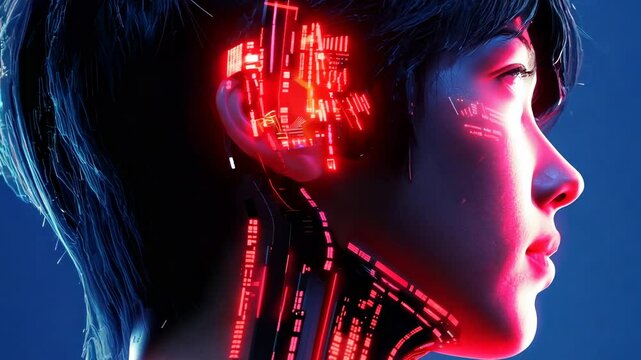 A cybernetic human with glowing neural implants and digital patterns, representing AI, transhumanism, and the future of human-machine collaboration.