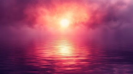 Serene sunset over tranquil waters, enveloped in vibrant pink and purple hues, creating a calming and picturesque landscape ideal for relaxation and inspiration.
